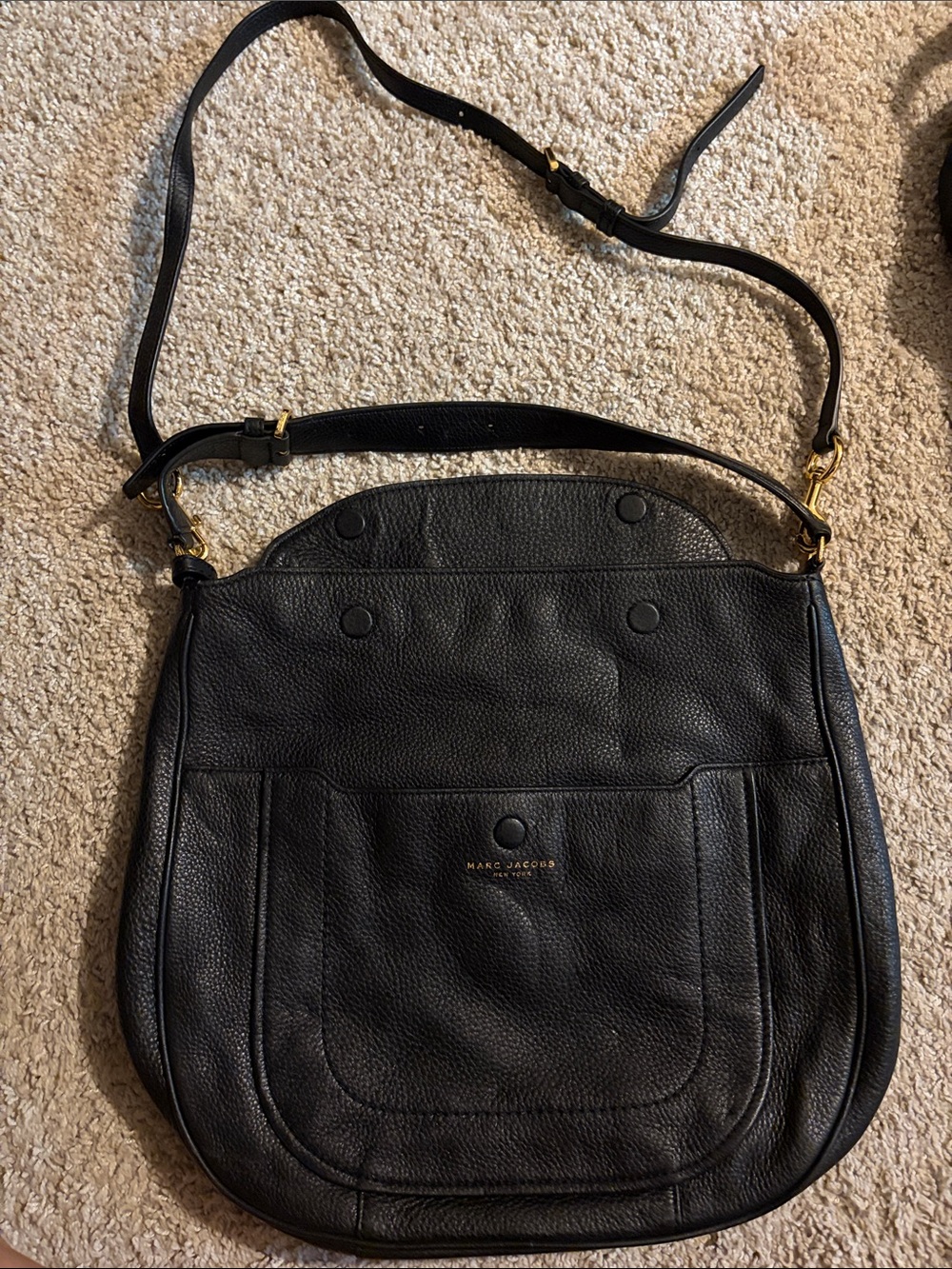 Marc Jacobs Black Pebbled Leather Shoulder Bag with Gold Accents